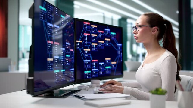 Young Woman Software Developer Uses Low Code Platform