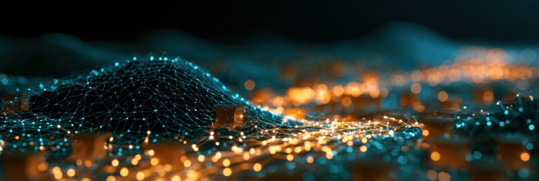 A 3D view shows an abstract beehive network with amber hive nodes and teal data streams flowing to a central hub in a dark setting.