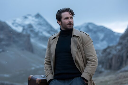Serious man standing against mountain landscape at sunset