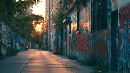 Fototapeta premium Urban Alleyway Decorated With Colorful Street Art Murals, Soft Golden Hour Light, Shot On 85mm Lens, Shallow Depth Of Field, Cool Muted Blue-Gray Palette, Photorealistic, Ultra-Detailed