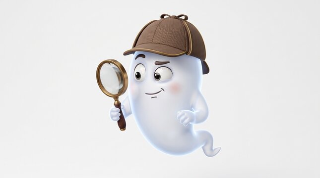 Cute Cartoon Ghost Detective with Magnifying Glass and Deerstalker Hat Investigating.