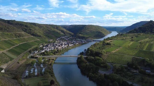 Neef on the Moselle River with Green Vineyards in Germany aerial view