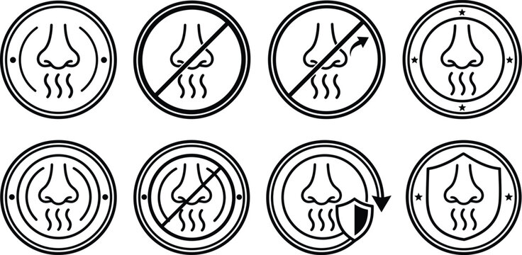 Nose Smell and Odor Control Badge Icon Set with No Bad Scents, Protection Shields, and Fragrance Filtration Symbols for Deodorants