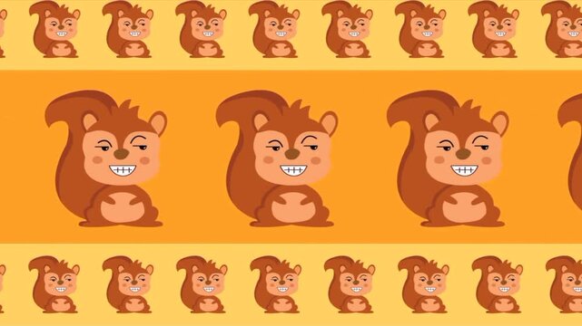 Animated pattern of cute brown squirrels on a vibrant orange