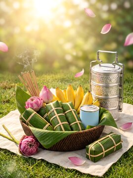 Cambodian Pchum Ben Offerings: Num Ansom, Chan Srak, and Lotus