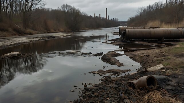 Industrial chemical waste contaminating a river, with polluted water, corroded pipes and discarded containers illustrating environmental pollution and ecological damage.
