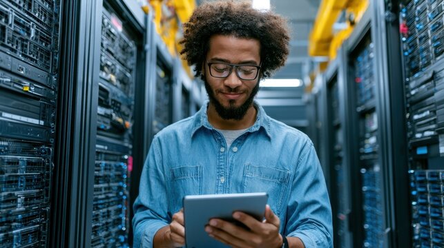 IT professional using a tablet between server racks in a modern data center, representing cloud computing, cybersecurity, network management, and digital technology.