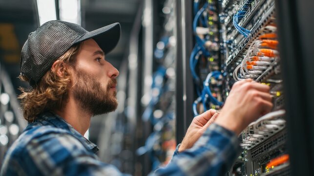 IT technician wearing baseball cap connecting network ethernet cables in server room rack inside a modern data center.