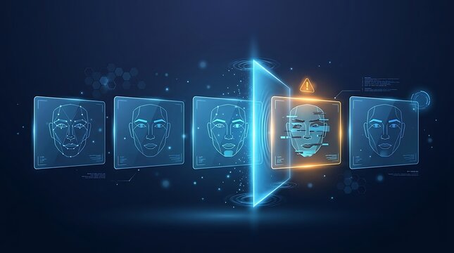Futuristic facial recognition and biometric security scanning with detected error warning concept
