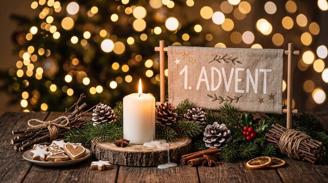 First Advent candle with festive decorations and bokeh lights background
