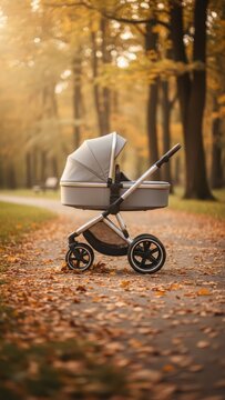 Modern Baby Stroller on a Path in Autumn Park