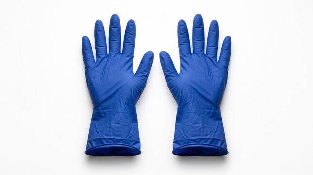 Blue nitrile medical gloves on white background, pair of disposable protective latex-free gloves, professional surgical hand protection for healthcare