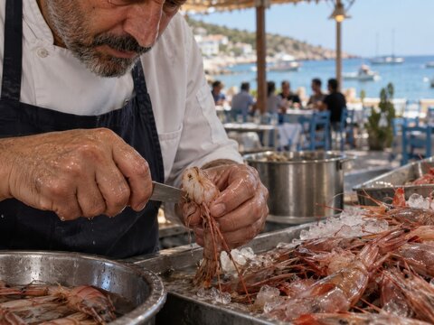 Spanische Garnelen am Meer &ndash; Koch sch&auml;lt frische Garnelen in offener Restaurantk&uuml;che mit Blick auf die K&uuml;ste, eine authentische Szene mediterraner Zubereitung.