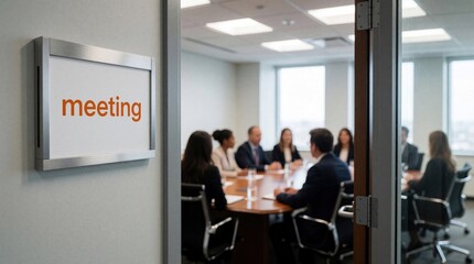 Fototapeta premium People in office discuss at table near meeting room sign. Professionals in suits talk business during indoor conference. Diverse team collaborate in modern boardroom planning strategy.