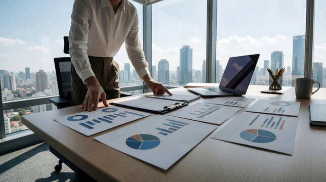 Man studies charts and reports on desk with laptop in modern office. Business planning and analysis with data graphs for client meeting, preparation for strategy presentation.