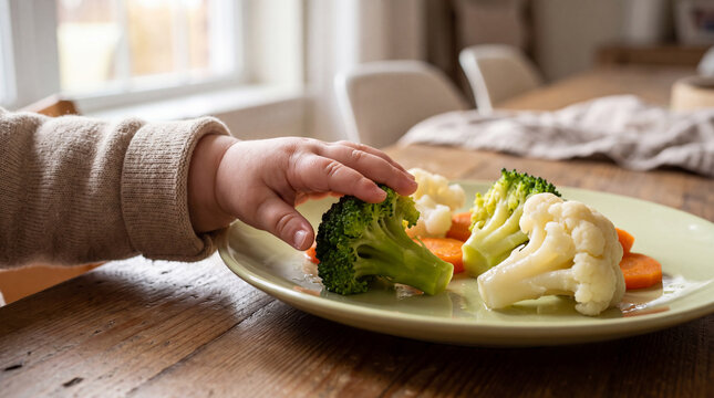 Baby hand taking steamed broccoli and cauliflower from plate during healthy self feeding mealtime[cite: 20]