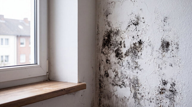 Black mold and toxic damp fungus growing on white apartment wall next to window sill