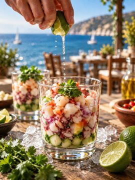 Spanisches Ceviche mit Meeresfr&uuml;chten am Meer &ndash; frische W&uuml;rfel von Fisch und Oktopus im Glas, verfeinert mit Limette, Zwiebeln und Kr&auml;utern in heller K&uuml;stenatmosph&auml;re.