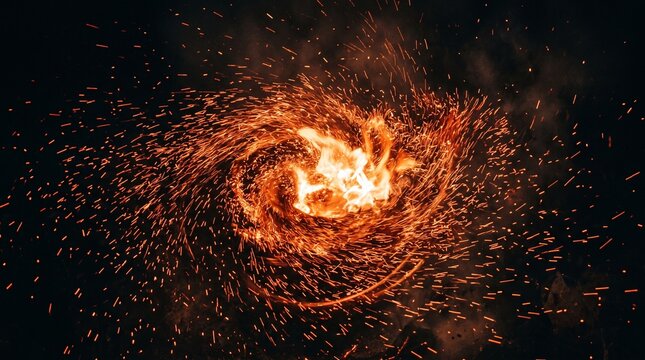 Bright fire sparks swirling in a circular motion against a dark background