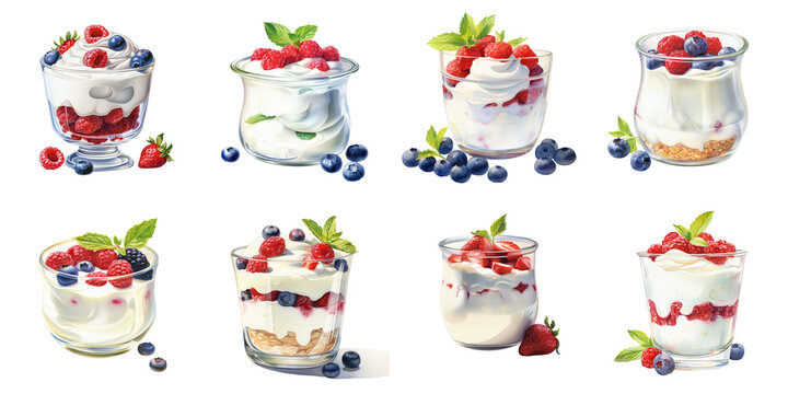 Collection of yogurt parfaits with various fruits on a black background offers vibrant dessert options