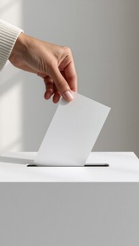 Voter hand inserting blank ballot paper into clean white ballot box during political election