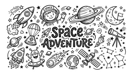 Obraz premium Hand Drawn Space Adventure Doodle Set