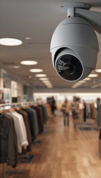 Ceiling mounted security dome camera monitoring retail clothing store aisle for surveillance and theft prevention