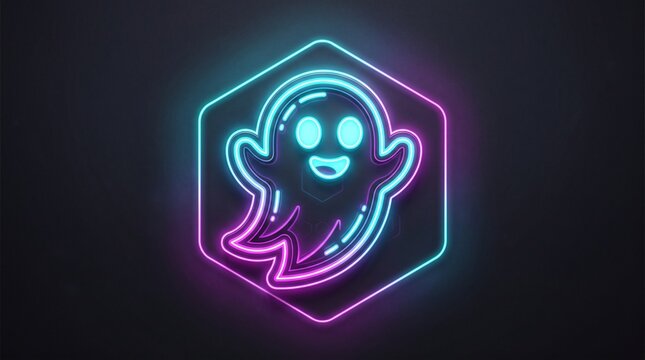 Glowing Neon Ghost Icon in Hexagon Shape on Dark Background.