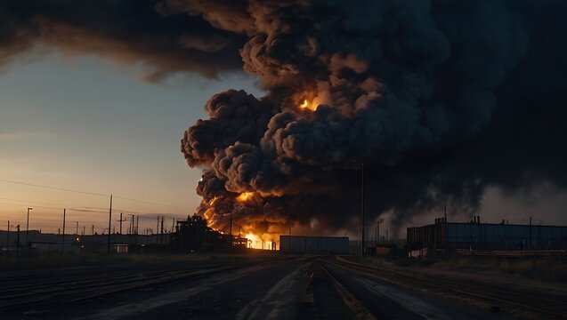 Massive industrial explosion with flames and thick smoke rising above a factory complex, illustrating a major disaster and its potential environmental impact.