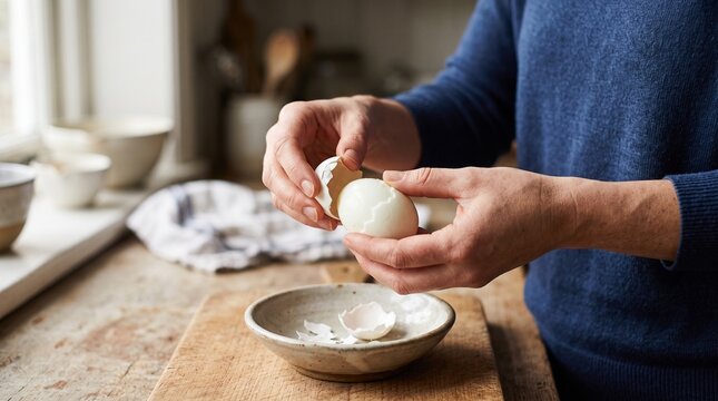 Person peeling a hard boiled egg in a rustic kitchen with natural light