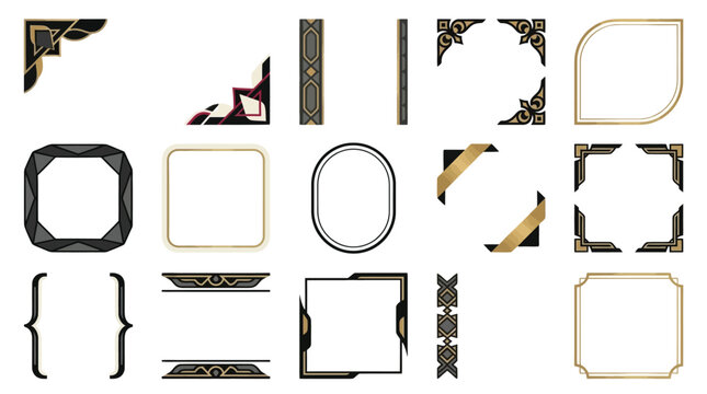 Art Deco frame collection, vintage geometric border set with gold and black ornaments, elegant 1920s style decorative corners and dividers vector isolated PNG with Transparent Background Editable EPS