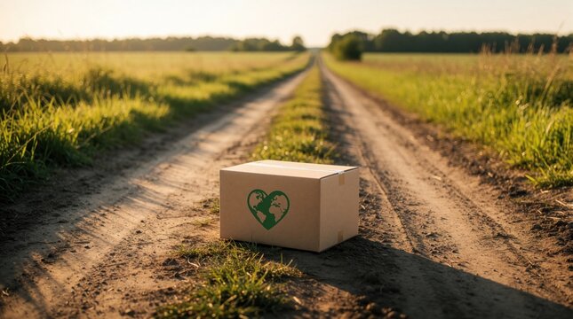 Cardboard box with green eco earth heart logo rests on a dirt road. Rural landscape with fields and trees under soft sunlight. Package signifies sustainable delivery.