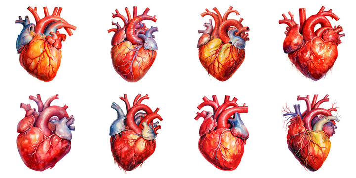 Array of realistic hearts with veins and arteries on a black background for medical illustration