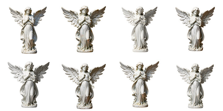 Collection of angel statues in various poses against a dark background