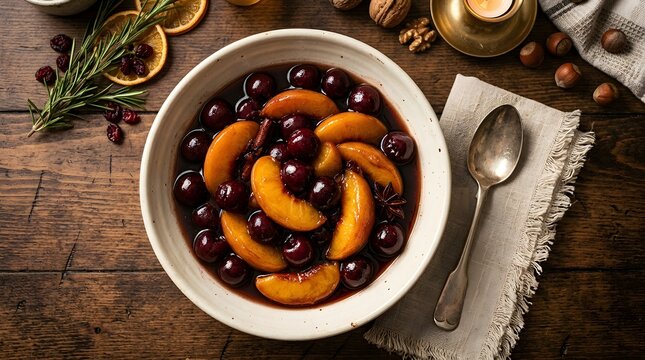 Bowl of brandied peaches and cherries served on a rustic wooden table with dried fruit garnish perfect for national brandied fruit day