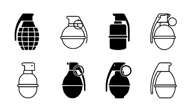 Hand Grenade Icon Set Black Silhouette and Outline Military Weapon Vector Collection