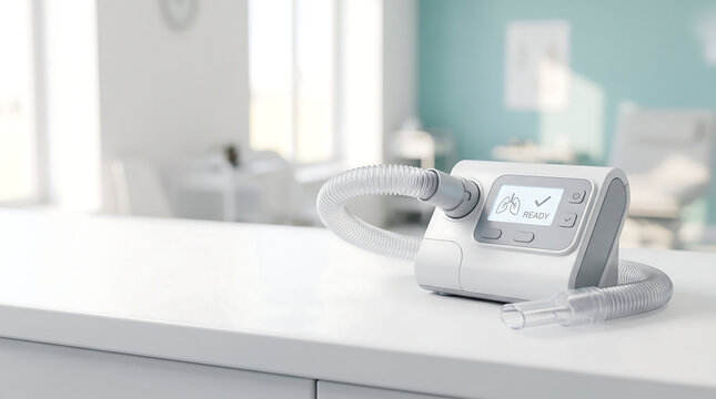 Modern spirometry device for respiratory function testing displayed on a clean white surface in a bright clinic setting, ready for patient use