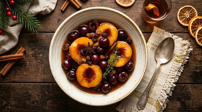 Bowl of brandied peaches and cherries served on a rustic wooden table with cinnamon and dried citrus perfect for national brandied fruit day