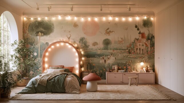 This room features a bed with an arched doorway headboard, soft string lights, and a mural, creating a playful atmosphere for children.