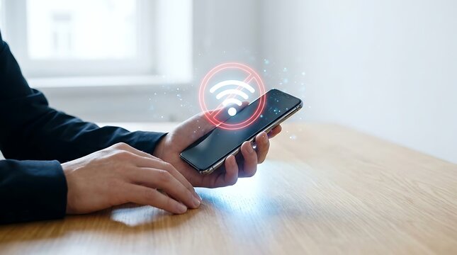Person holding a smartphone with a digital no wifi connection symbol hovering above the screen, representing internet connectivity issues or offline mode