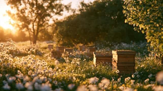 Traditional apiary features painted wooden Langstroth hives in a wildflower meadow with mature trees and warm light at sunset.