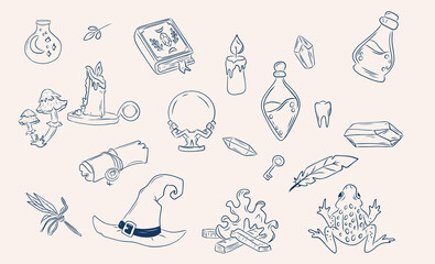 Magic witchy doodle set with potion bottles crystals magic book candle hat and toad line art vector illustration © Yaroslava