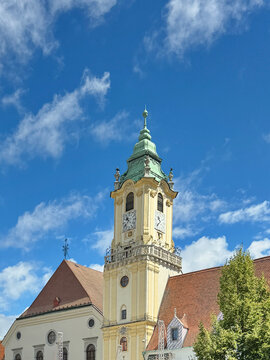 The old Town Hall clock tower in the old town of Bratislava, Slovakia
