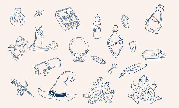 Magic witchy doodle set with potion bottles crystals magic book candle hat and toad line art vector illustration