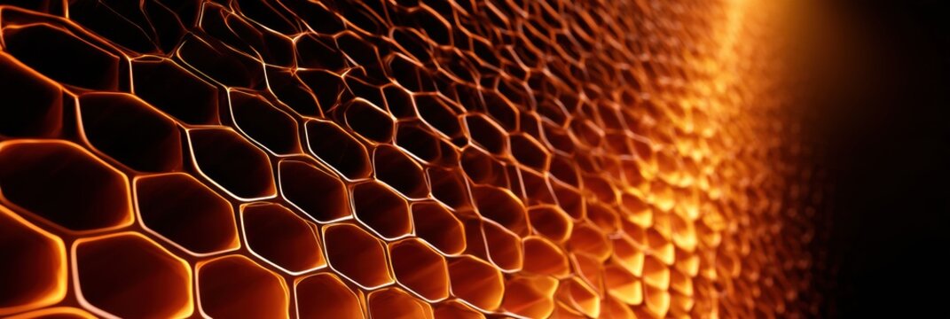 This wide render shows an abstract honeycomb pattern expanding from small to large. The warm gradient highlights the design on a dark background.