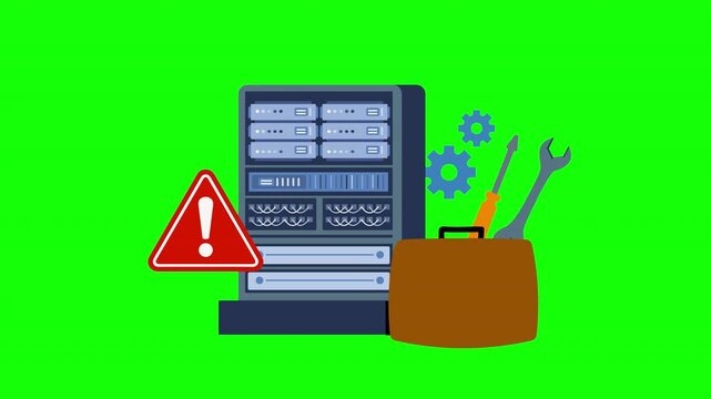 Server Maintenance and Technology Problem Concept with Data Server, Warning Sign, Tools and Gears