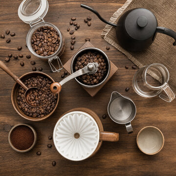 Flat lay of coffee beans, manual grinder and brewing tools on wooden table, specialty coffee workspace