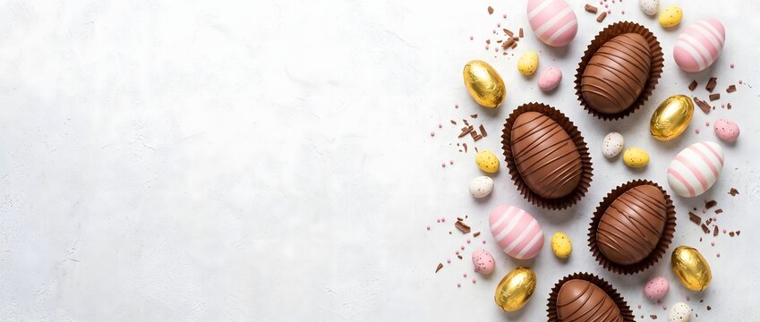 Chocolate easter eggs and pink confetti decoration for seasonal holiday.