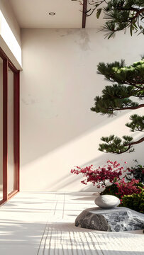 Serene Korean garden architecture with pine tree branch, zen stone and red flowers under sunlight with copy space