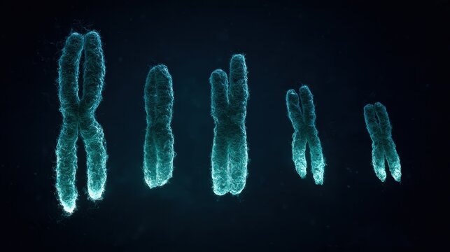 A panoramic view shows five chromosomes with glowing, shortening telomere caps, highlighting cellular aging against a dark backdrop.